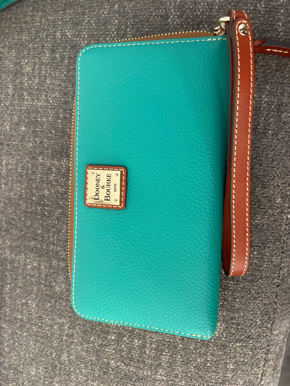 Dooney & Bourke Teal Leather Wristlet with Brown Trim